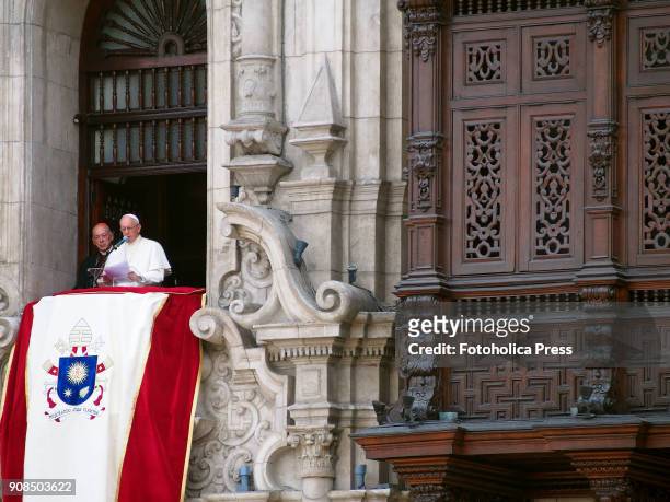 Jorge Bergoglio, Pope Francis accompanied by Cardinal Juan Luis Cipriani prays the Angelus from the balcony of the archiepiscopal palace of Lima as...