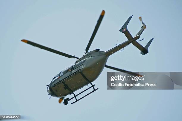 One helicopter Eurocopter EC145 of the Peruvian Police Aviation , patrolling the sky of Lima during the visit of Jorge Bergoglio, the Pope Francis,...