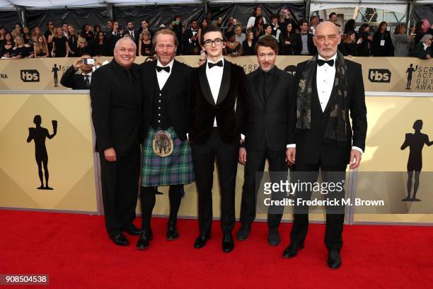 Actors Conleth Hill, Iain Glen, Isaac Hempstead Wright, Aidan Gillen and James Faulkner attend the 24th Annual Screen Actors Guild Awards at The...