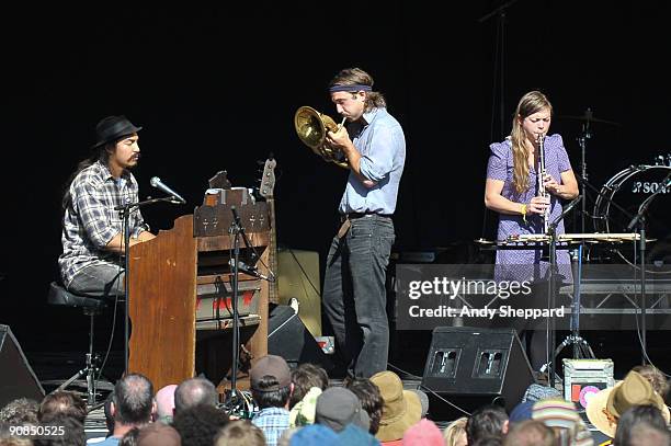 Jeff Prystowsky, Ben Knox Miller and Jocie Adams of The Low Anthem perform on stage on the second day of End Of The Road Festival 2009 at Larmer Tree...