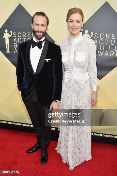 Actors Joseph Fiennes and Maria Dolores Dieguez attend the 24th Annual Screen Actors Guild Awards at The Shrine Auditorium on January 21, 2018 in Los...