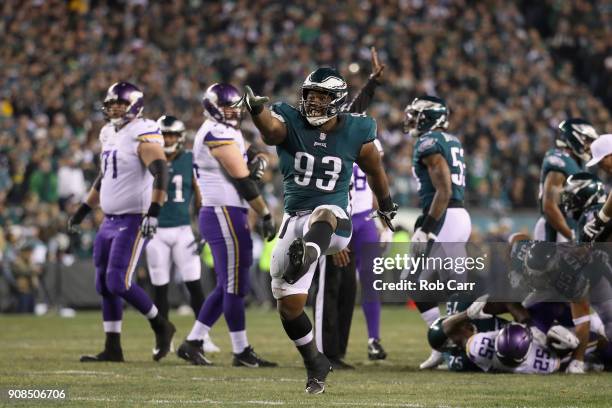 Timmy Jernigan of the Philadelphia Eagles celebrates the play during the second quarter against the Minnesota Vikings in the NFC Championship game at...