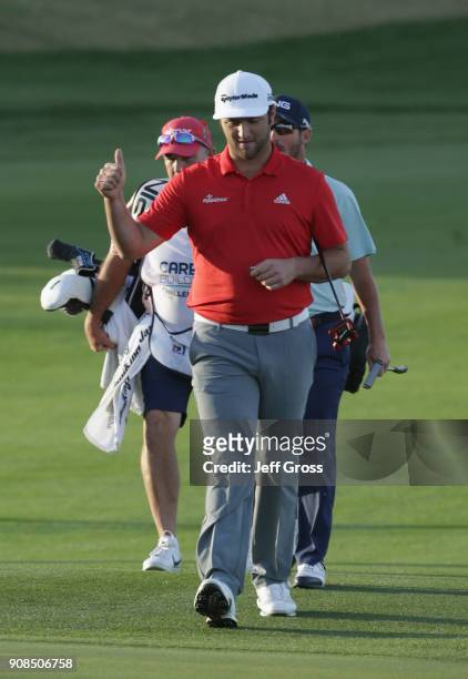 Jon Rahm of Spain reacts to his putt on the 18th hole during the final round of the CareerBuilder Challenge at the TPC Stadium Course at PGA West on...