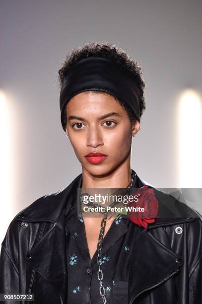 Jourdana Phillips walks the runway during the Christian Dada Menswear Fall/Winter 2018-2019 show as part of Paris Fashion Week on January 21, 2018 in...