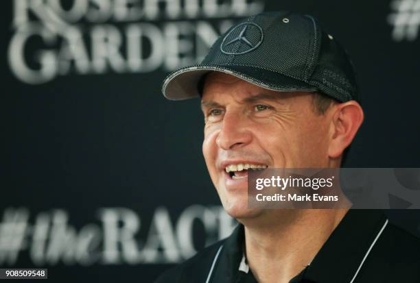 Trainer Chris Waller speaks during a press conference after his horse Winx had completed a barrier trial at Rosehill Gardens on January 22, 2018 in...