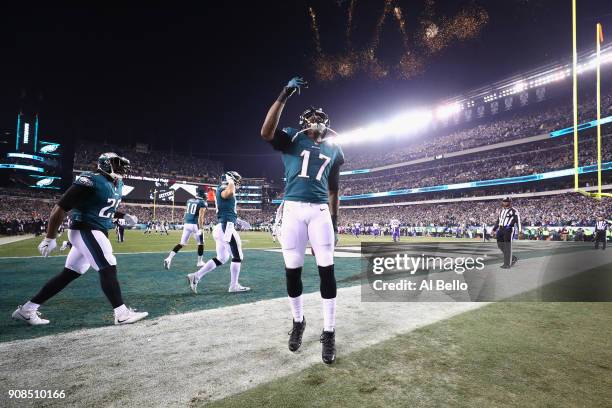 Alshon Jeffery of the Philadelphia Eagles celebrates after scoring a 53 yard touchdown reception during the second quarter against the Minnesota...