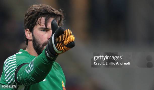 Allison of AS Roma gestures during the Serie A match between FC Internazionale and AS Roma at Stadio Giuseppe Meazza on January 21, 2018 in Milan,...