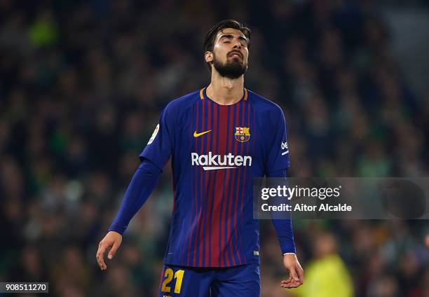 Andre Gomes of FC Barcelona reacts the La Liga match between Real Betis and Barcelona at Estadio Benito Villamarin on January 21, 2018 in Seville, .