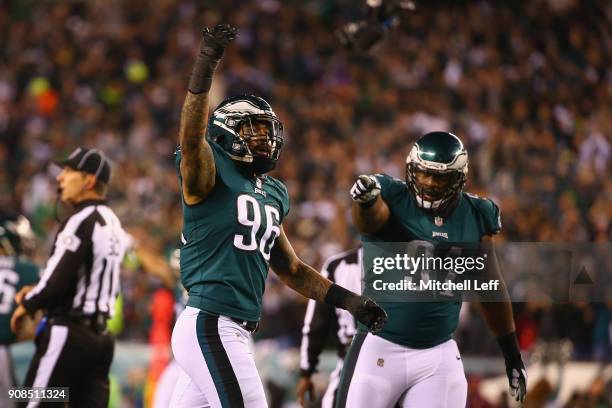 Derek Barnett and Fletcher Cox of the Philadelphia Eagles celebrate the play during the second quarter against the Minnesota Vikings in the NFC...