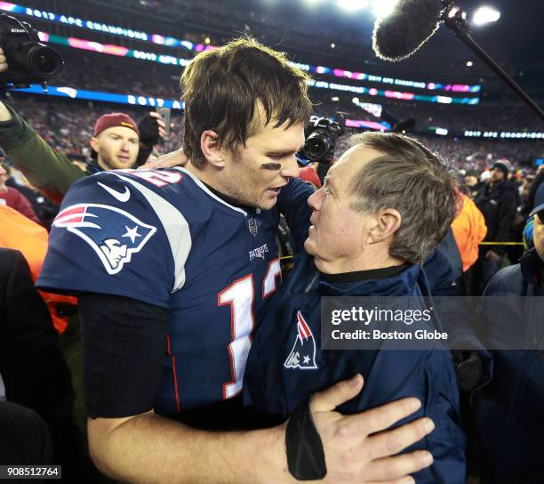 New England Patriots quarterback Tom Brady and head coach Bill Belichick embrace following New England's victory. The New England Patriots host the...