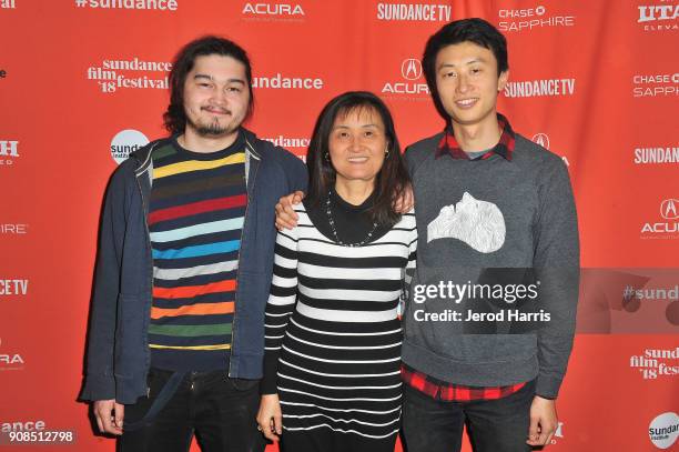 Kent Abernathy, Mengyue Bolen, director Bing Liu attends the "Minding The Gap" Premiere during the 2018 Sundance Film Festival at Egyptian Theatre on...