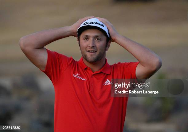 Jon Rahm of Spain reacts to his putt to win on the fourth hole of a sudden death playoff during the final round of the CareerBuilder Challenge at the...