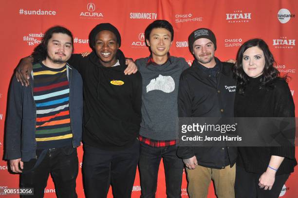 Kent Abernathy, Keire Johnson, director Bing Liu, Zack Mulligan, and Samantha Graham attend the "Minding The Gap" Premiere during the 2018 Sundance...