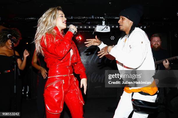 Rita Ora and Laurent Bourgeois perform on stage during the Kilian Party as part of Paris Fashion Week on January 21, 2018 in Paris, France.