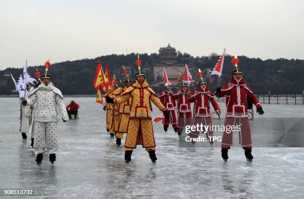 Professional skater reappear the old Qing Dynasty army "ice play" on 21th January 2018 in Beijing, China.