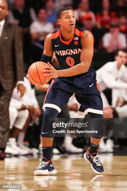 Virginia Cavaliers guard Devon Hall looks for the outlet pass during the ACC matchup on January 21, 2018 between Virginia and Wake Forest at Lawrence...
