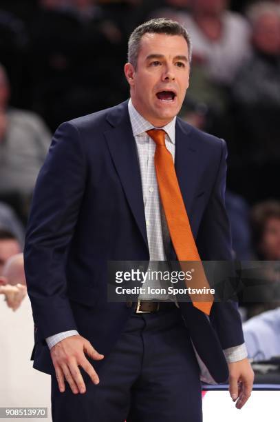 Virginia Cavaliers head coach Tony Bennett calls to his players during the ACC matchup on January 21, 2018 between Virginia and Wake Forest at...