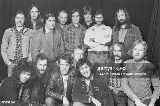 Members of British pub rock groups Brinsley Schwarz, Chilli Willi & The Red Hot Peppers and Ace, 1974. All three bands are managed by Jake Riviera,...