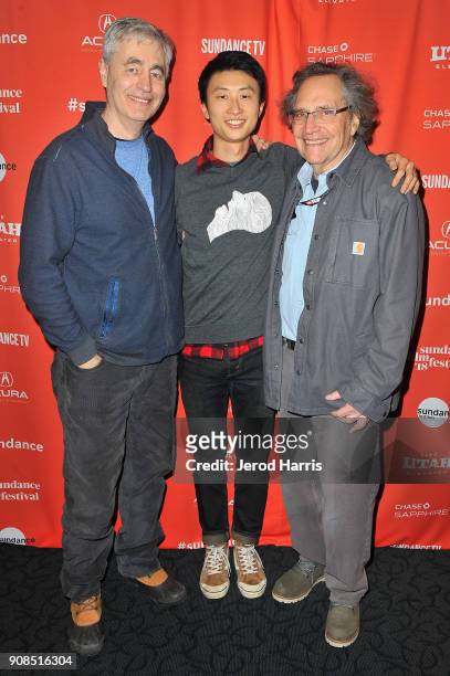 Steve James, director Bing Liu, and executive producer Gordon Quinn attend the "Minding The Gap" Premiere during the 2018 Sundance Film Festival at...