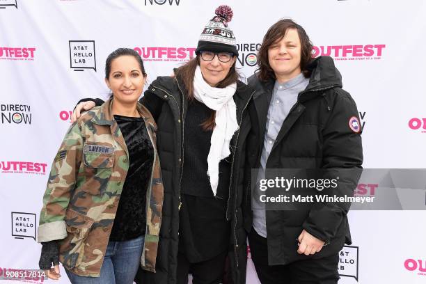 Outfest director of programming Lucy Mukerjee-Brown, director Valerie Stadler and cinematographer Michelle Lawler attend Outfest Queer Brunch at...