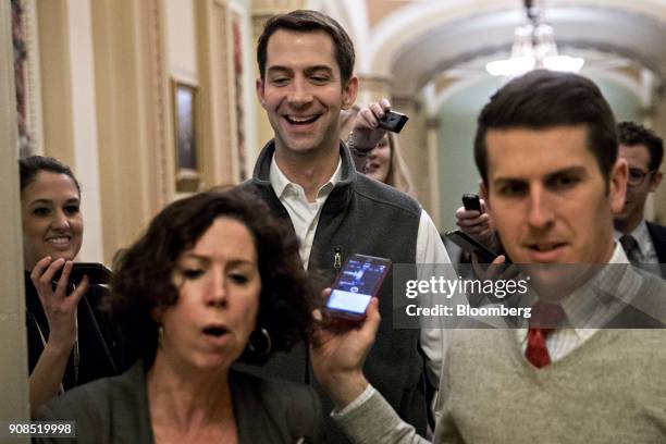 Senator Tom Cotton, a Republican from Arkansas, speaks to members of the media while walking through the U.S. Capitol in Washington, D.C., U.S., on...