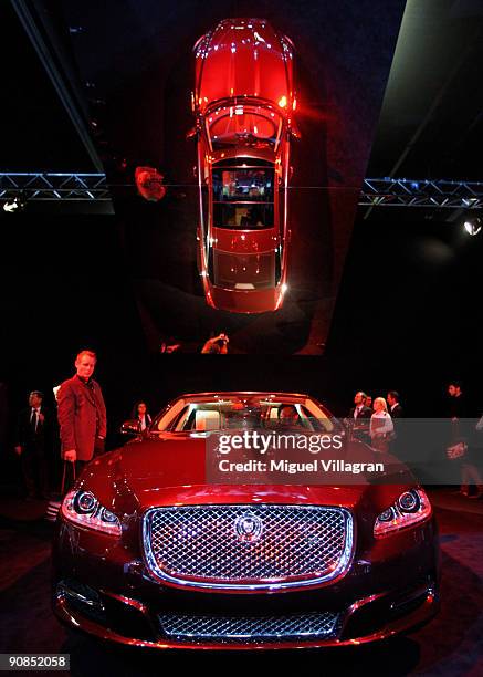 The Jaguar 2010 XJ is reflected in a mirror at the international motor show IAA on September 16, 2009 in Frankfurt am Main, Germany.The world's...