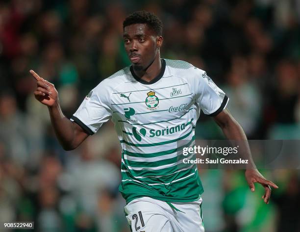 Djaniny Tavares of Santos celebrates after scoring the first goal of his team during the 3rd round match between Santos Laguna and Morelia as part of...