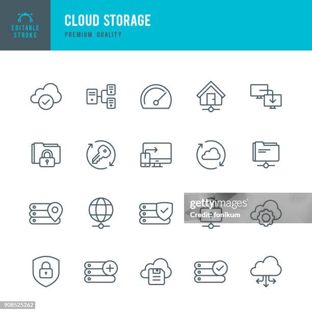 stockillustraties, clipart, cartoons en iconen met cloud opslag - dunne lijn vector icons set - computervectorbestanden