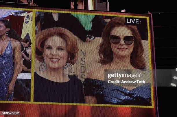 General view of actors Kat Kramer and Susan Sarandon during the 24th Annual Screen Actors Guild Awards pre-show viewing in Times Square on January...