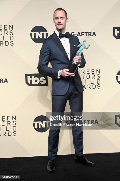 Actor Alexander Skarsgard, winner of Outstanding Performance by a Male Actor in a Miniseries or Television Movie for 'Big Little Lies,' poses in the...
