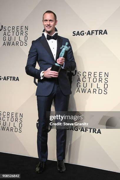 Actor Alexander Skarsgard, winner of the award for Outstanding Performance by a Male Actor in a Television Movie or Miniseries for 'Big Little Lies,'...
