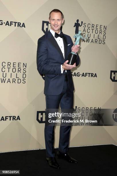 Actor Alexander Skarsgard, winner of Outstanding Performance by a Male Actor in a Television Movie or Limited Series for 'Big Little Lies', poses in...