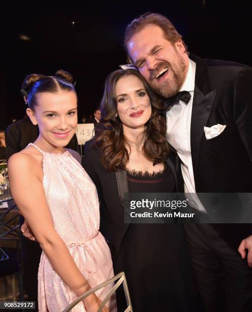 Actors Millie Bobby Brown, Winona Ryder and David Harbour pose during the 24th Annual Screen Actors Guild Awards at The Shrine Auditorium on January...