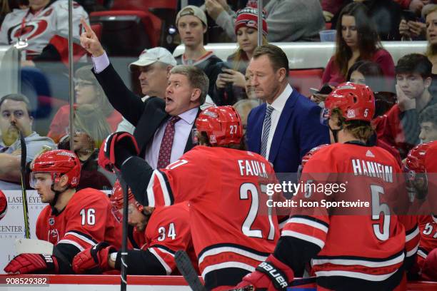 Carolina Hurricanes head coach Bill Peters gets animated on the bench in a timeout during a game between the Vegas Golden Knights and the Carolina...