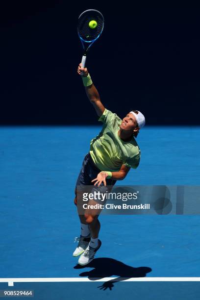 Tomas Berdych of Czech Republic serves in his fourth round match against Fabio Fognini of Italy on day eight of the 2018 Australian Open at Melbourne...