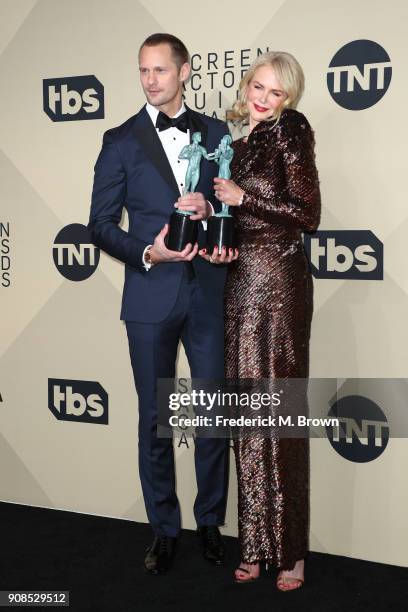 Actors Alexander Skarsgard, winner of Outstanding Performance by a Male Actor in a Television Movie or Limited Series for 'Big Little Lies', and...