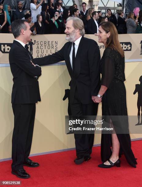 Los Angeles Mayor Eric Garcetti, actor Jeff Daniels and Kathleen Treado attend the 24th Annual Screen Actors Guild Awards at The Shrine Auditorium on...