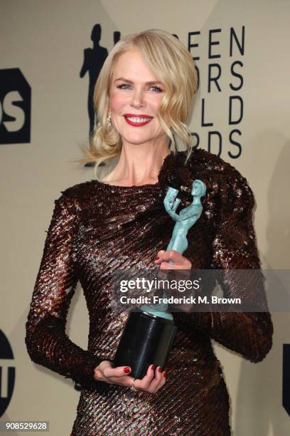 Actor Nicole Kidman, winner of Outstanding Performance by a Female Actor in a Television Movie or Limited Series for 'Big Little Lies', poses in the...