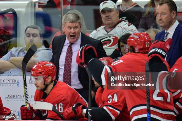 Carolina Hurricanes head coach Bill Peters gets animated on the bench in a timeout during a game between the Vegas Golden Knights and the Carolina...