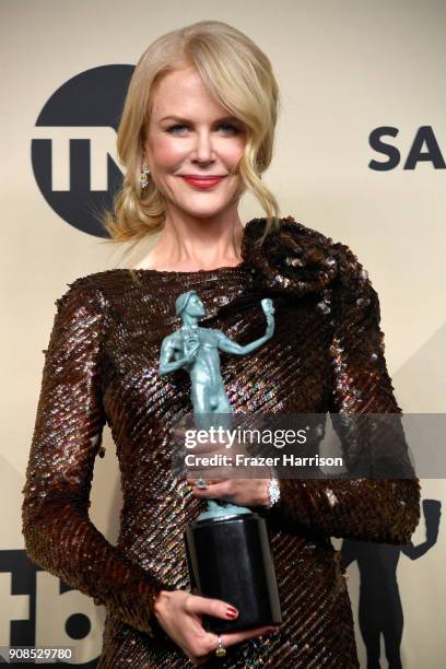 Actor Nicole Kidman, winner of Outstanding Performance by a Female Actor in a Miniseries or Television Movie for 'Big Little Lies,' poses in the...