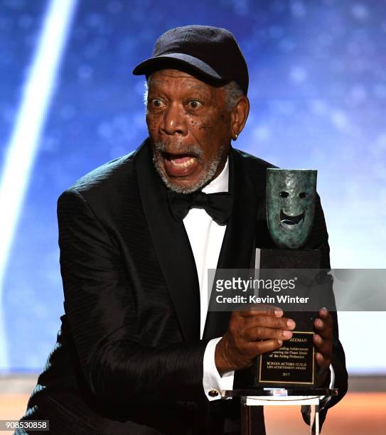 Honoree Morgan Freeman accepts the Life Achievement Award onstage during the 24th Annual Screen Actors Guild Awards at The Shrine Auditorium on...