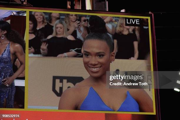 General view of actress Vicky Jeudy during the 24th Annual Screen Actors Guild Awards pre-show viewing in Times Square on January 21, 2018 in New...