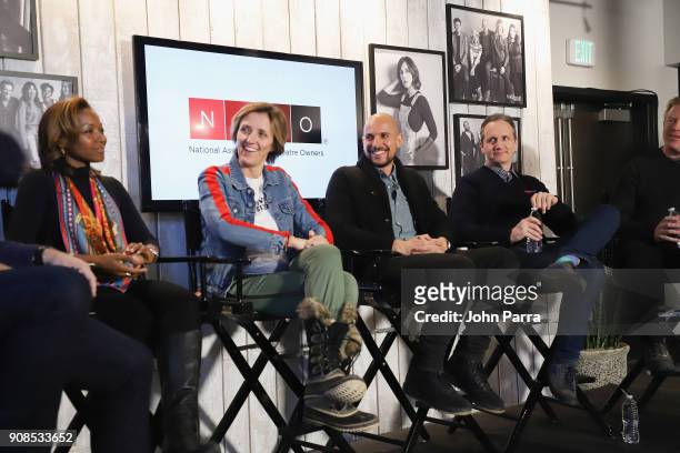Nikkole Denson-Randolph, Liesl Copland, Fred Berger, Tom Quinn and Paul Hanson speak at NATO and The Hollywood Reporter Panel: Theatrical Release and...