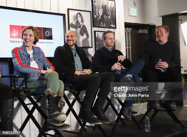 Liesl Copland, Fred Berger, Tom Quinn and Paul Hanson speak at NATO and The Hollywood Reporter Panel: Theatrical Release and Independent Film at The...
