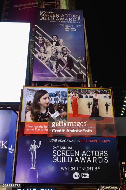 General view of actress Zoe Kazan during the 24th Annual Screen Actors Guild Awards pre-show viewing in Times Square on January 21, 2018 in New York...