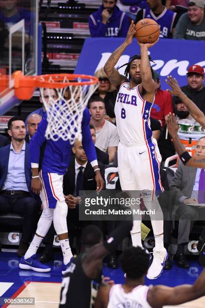 James Young of the Philadelphia 76ers shoots the ball during the first half of the game against the Milwaukee Bucks at Wells Fargo Center on January...