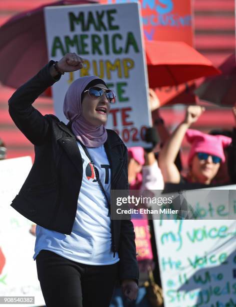 Women's March Co-Chairwoman Linda Sarsour raises her fist during the Women's March "Power to the Polls" voter registration tour launch at Sam Boyd...