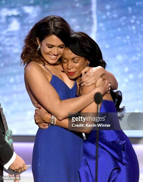 Actors Mandy Moore and Susan Kelechi Watson accept the Outstanding Performance by an Ensemble in a Drama Series award for 'This Is Us' onstage during...