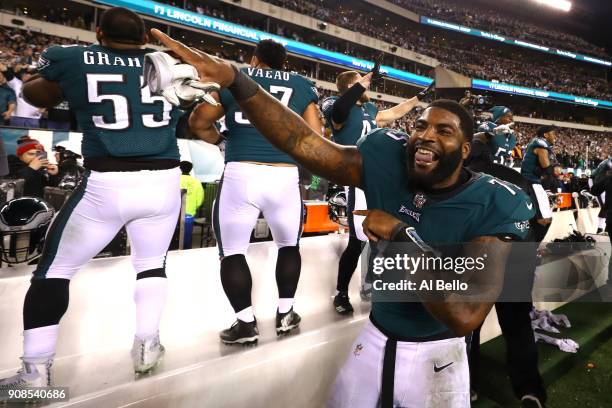 Vinny Curry of the Philadelphia Eagles celebrates his teams win over the Minnesota Vikings in the NFC Championship game at Lincoln Financial Field on...