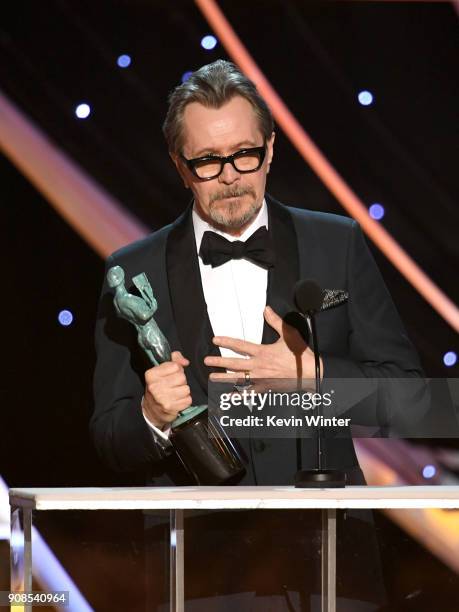 Actor Gary Oldman accepts the Outstanding Performance by a Male Actor in a Leading Role award for 'Darkest Hour' onstage during the 24th Annual...